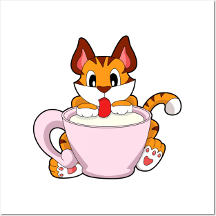 Tiger cat with Cup of Milk Posters and Art